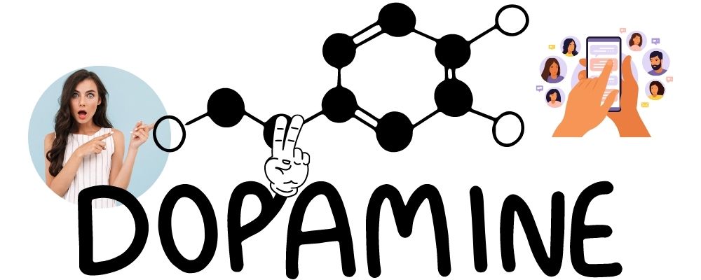 Image of woman pointing to an image illustrating dopamine.