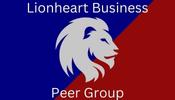 Image of a logo for Lionheart Business Peer Group with a gray lion's head and the title of the group over a blue and red background.