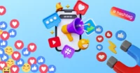 Featured image showing social media emojis and other social media metaphors for an article about Image of smartphone, circle, mug and laptop with social media references on them, all on a blue gradient background for an article covering 2025 Social Media Trends for SMBs