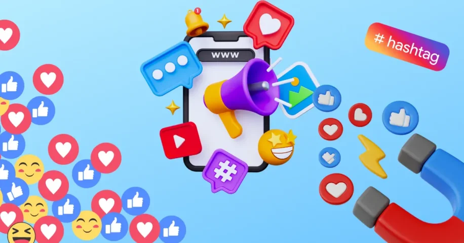 Featured image showing social media emojis and other social media metaphors for an article about Image of smartphone, circle, mug and laptop with social media references on them, all on a blue gradient background for an article covering 2025 Social Media Trends for SMBs