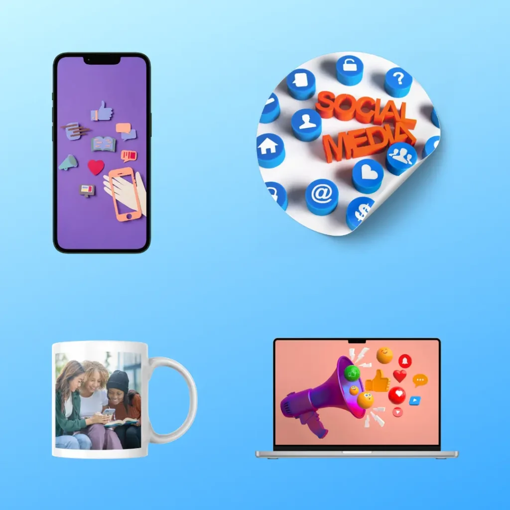 Image of smartphone, circle, mug and laptop with social media references on them, all on a blue gradient background for an article covering 2025 Social Media Trends for SMBs