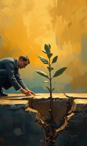 300px by 500px image of a man cultivating a plant growing out of rock.