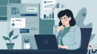 Illustrated image of a woman at her desk with search queries in background. Image is in a variety of blue-gray tones.