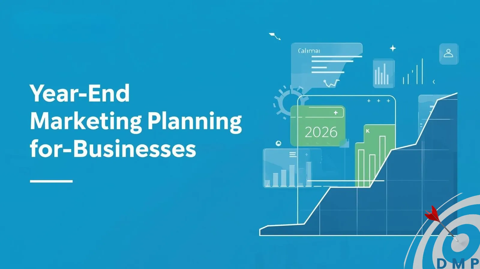 Image illustrating year-end marketing planning with graphs and words reading, "Year-End Marketing Planning for Businesses", on a blue-green background.