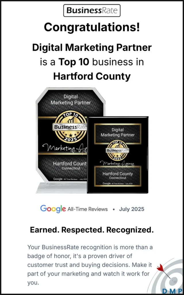 BusinessRate Award for Digital Marketing Partner being a Top-10 in Hartford County in 2025