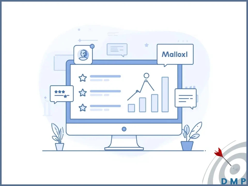Illustration representing online review monitoring with star ratings, notifications, and reputation tracking dashboards for small businesses.