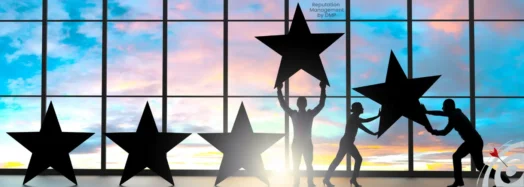 Modern illustration representing online reputation management with five-star reviews, customer feedback icons, analytics dashboards, and trust symbols used by businesses to monitor, grow, and protect their online reputation.