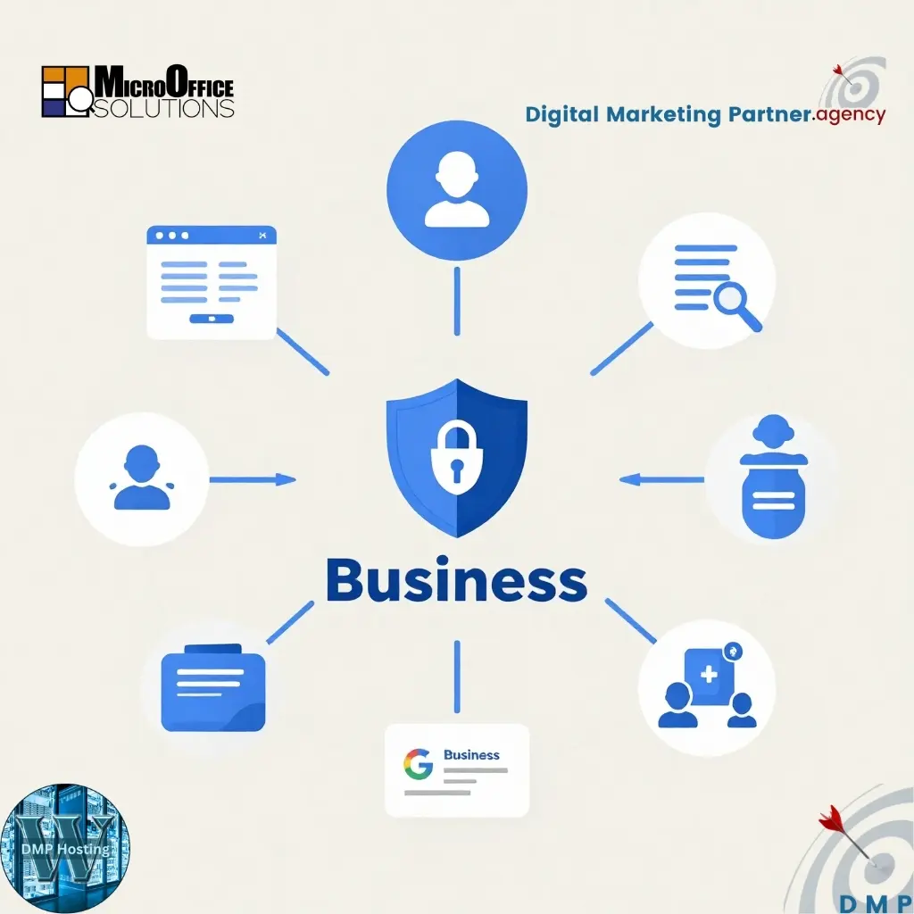 Image of a blue shield connected to icons representing business processes. In each corner of the image are logos for Digital Marketing Partner, DMP, DMP Hosting, and MicroOffice Solutions