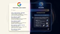 high-contrast hero image showing a stylized dashboard split between the traditional Google Search interface and the new Gemini AI Mode conversation view.
