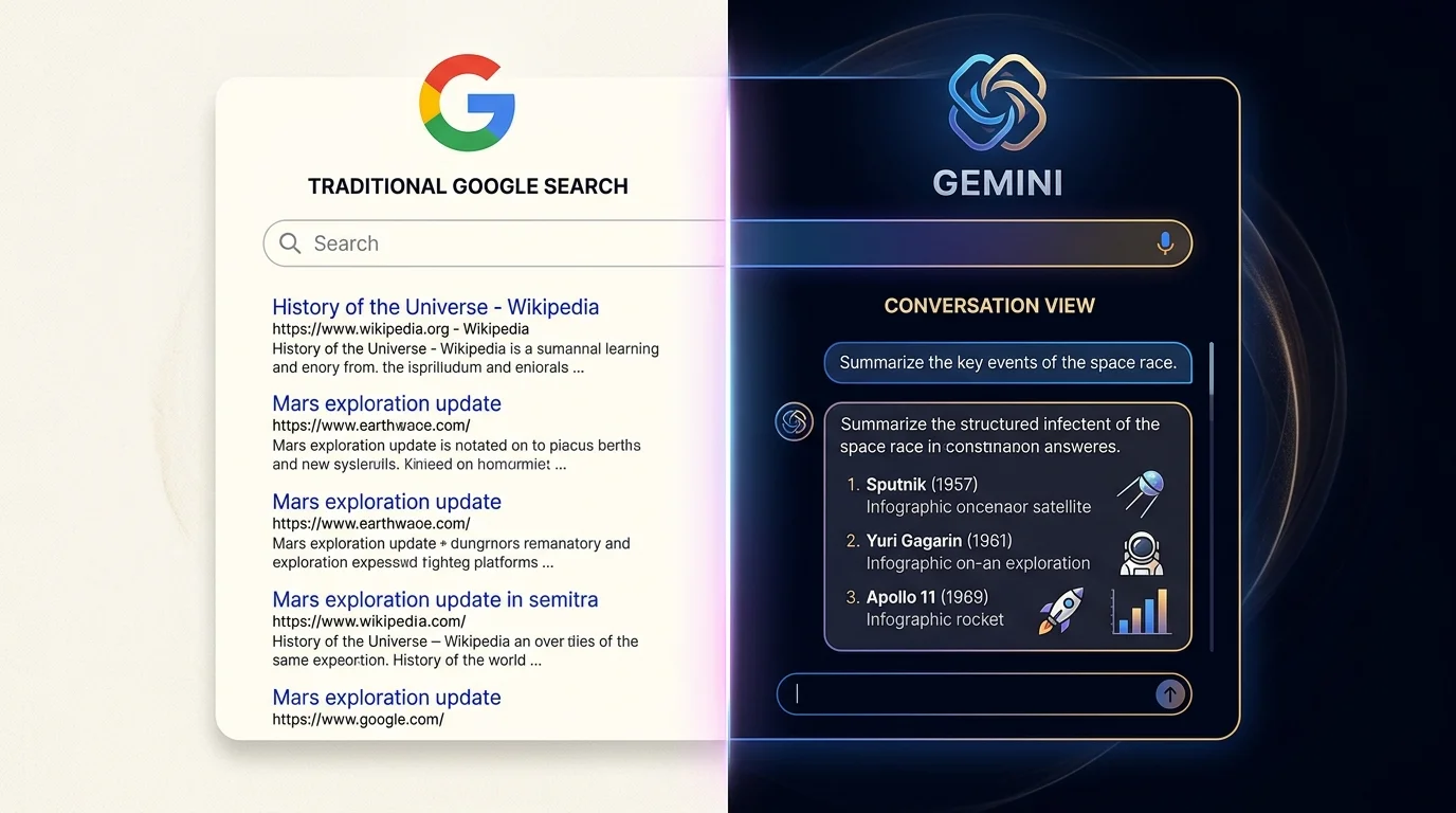 high-contrast hero image showing a stylized dashboard split between the traditional Google Search interface and the new Gemini AI Mode conversation view.