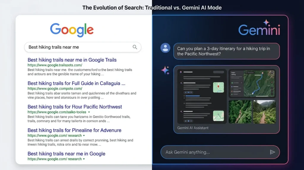 high-contrast hero image showing a stylized dashboard split between the traditional Google Search interface and the new Gemini AI Mode conversation view.