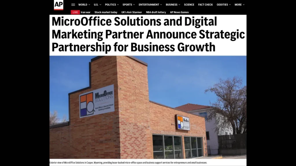 Press release photo showing exterior of MicroOffice Solutions building in Casper WY with a headline, "MicroOffice Solutions and Digital Marketing Partner Announce Strategic Partnership for Business Growth