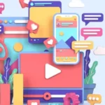Small graphic illustrating multiple social media platforms with a white background.