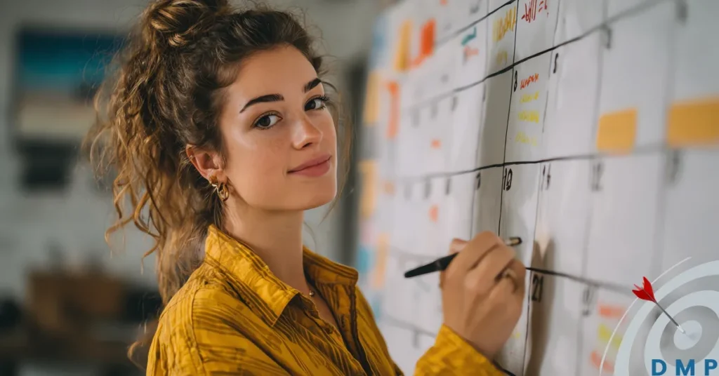 A female in a mustard-colored blouse writing on a wall calendar.