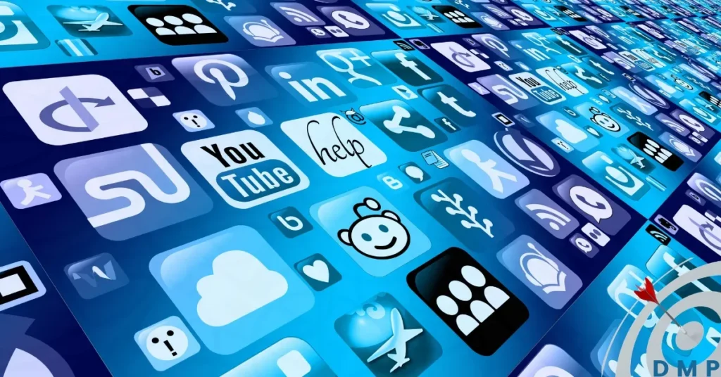 Image illustrating all major social media platforms. Dominant color is blue.