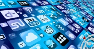 Image illustrating all major social media platforms. Dominant color is blue.