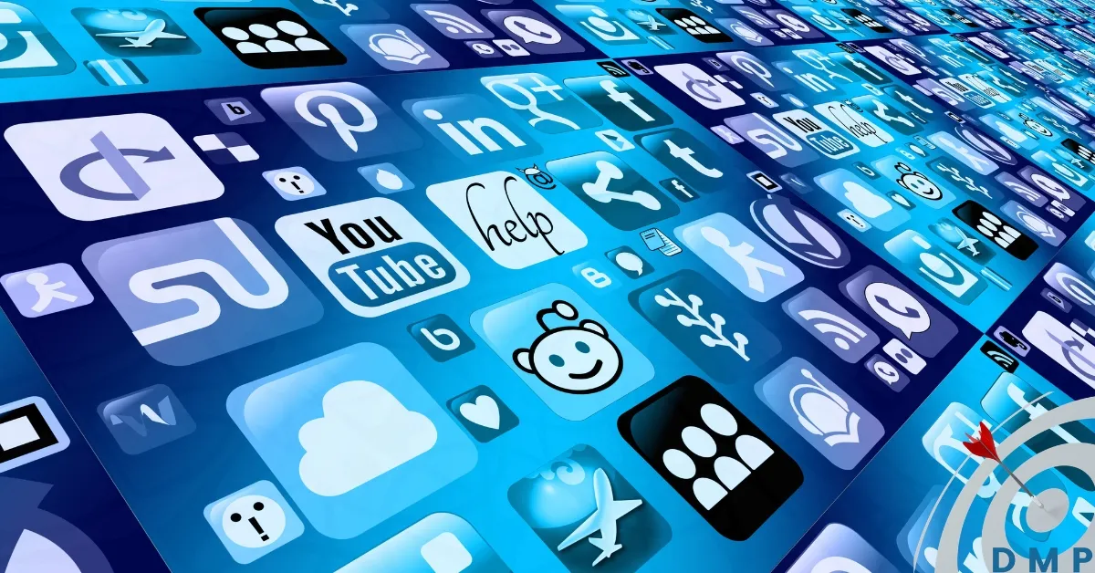 Image illustrating all major social media platforms. Dominant color is blue.
