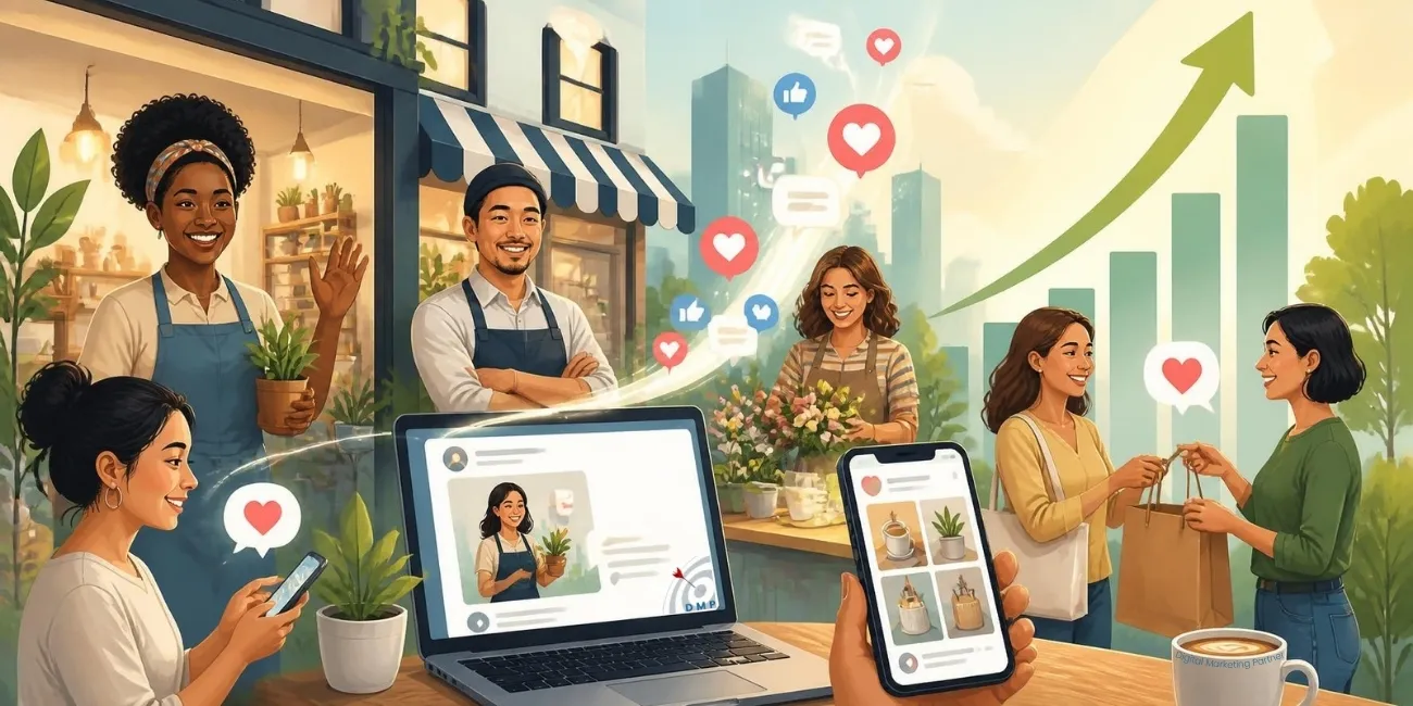 Illustration showing small business owners benefiting from consistent social media engagement.