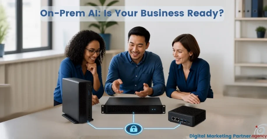 Three diverse adults sitting at an office table evaluating on-prem AI hardware solutions.