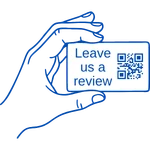 A blue icon representing a hand showing a business card with QR code