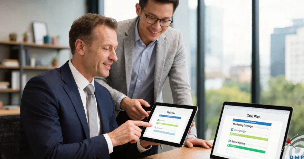 Business owner reviewing marketing responsibilities with a marketing specialist