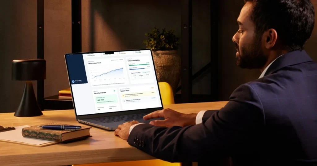 Business website performance, maintenance, and security represented on a laptop dashboard.